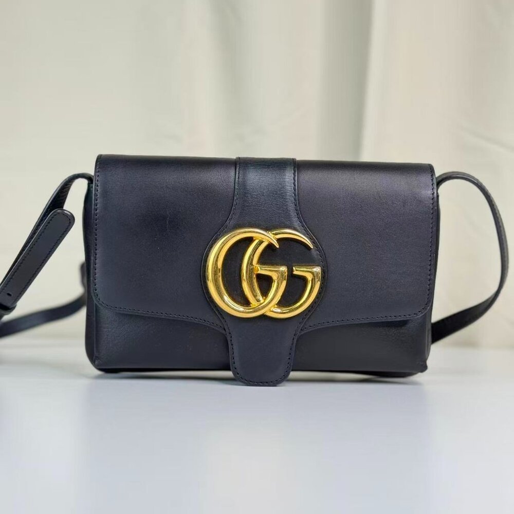 Gucci GG Logo Black Leather Crossbody Bag with Gold Hardware